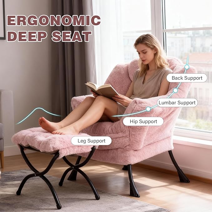 Lazy Chair with Ottoman Modern Accent Chair Lounge Leisure Sofa Chair with Armrests Reading Chair and Folding Footstool for Living Room Bedroom Office Plush Pink