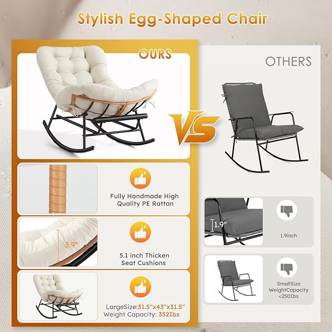 IDEALHOSUE Papasan Rocking Chair with Foot Rest Ergonomic Papasan Chair with Thick Soft Cushion Metal Frame &amp PE Rattan Lounge Chairs for Living Room Bedroom Relaxation Space
