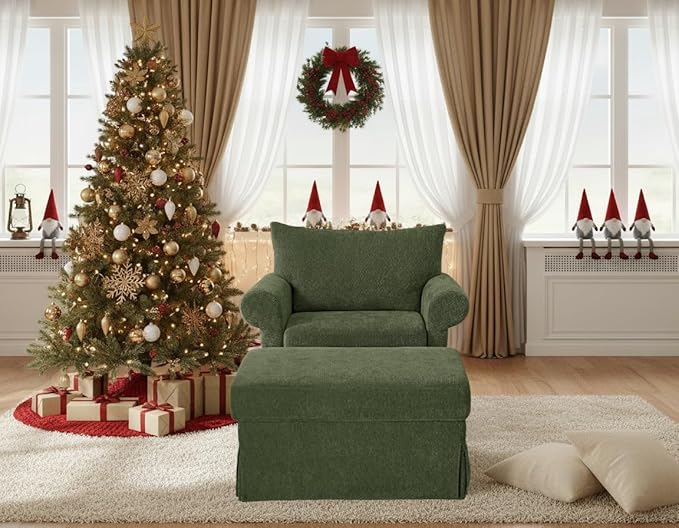 35.8 Accent Chair with Ottoman Set Comfy Chenille Upholstered Armchair with Rolled Arms Modern Single Reading Chair for Living Room Bedroom Apartment Green