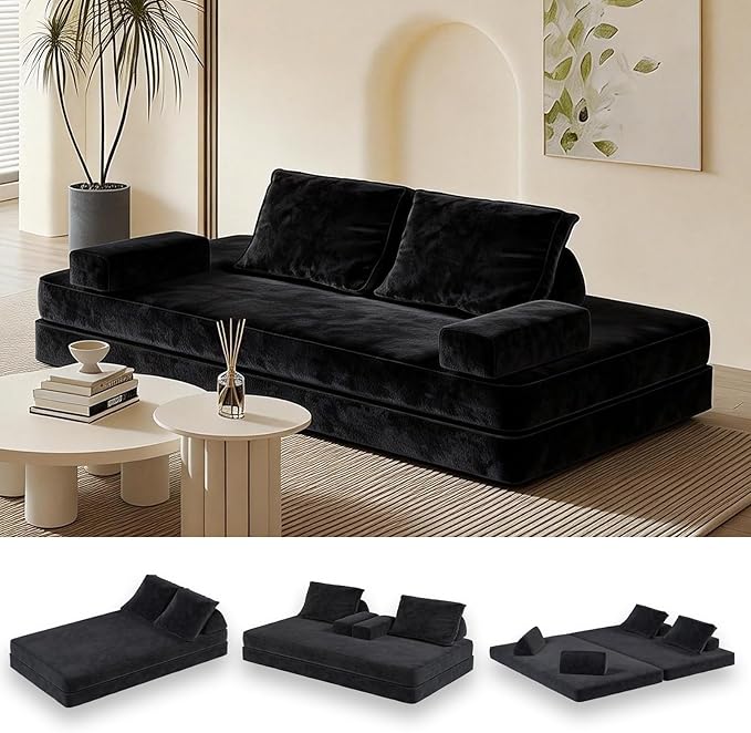 Futon Sofa Bed King Size Boneless Sleeper Sofa Oversized Chenille Foldable Couch Convertible Floor Couches Modern Folding Mattress Daybed for Gaming Living Room Apartment Dark Grey
