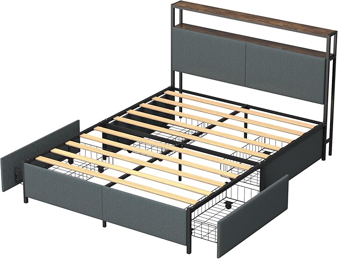 Panana Queen Bed Frame with Storage Headboard Platform Bed with 4 Drawers No Box Spring Needed Easy Assembly Fabric Grey
