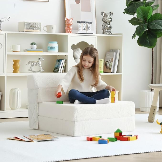 Tiita Convertible Folding Kids Sofa Bed with Pillow &amp Storage Bag Plush Fabric Floor Mattress Couch Bed Washable Cover Kids Room Playroom Dorm Apartment Beige