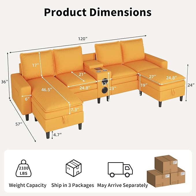 120 Sectional Couches for Living Room 6 Seater Sectional Sofas with Bluetooth Speaker &amp LED Light Modern Teddy Fleece U Shaped Sofa Couch with Storage/Charging Ports/Cup Holder (Yellow Couch)