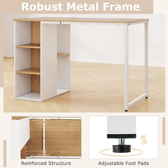 Tangkula Computer Desk with Storage Shelves Home Office Desk with 5 Side Shelves &amp Metal Frame Space Saving Laptop PC Desk Writing Study Desk Modern Vanity Desk for Bedroom (Natural)