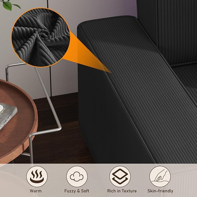 GAOMON Fine Stripe Corduroy Sectional Sofa l Shaped Modern Corduroy Couch Comfy Sofa Couch with Deep Chaise for Living Room Apartment Hotel 96 w*61 d*32 h Black