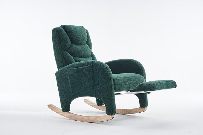 Rocking Chair with Foot Rest Nursery Glider Teddy Gliding Rocking Chair with Retractable Footrest Rubber Wood Legs Side Pocket High Back &amp Wide Seat Nursing Chair for Living Room (Green)