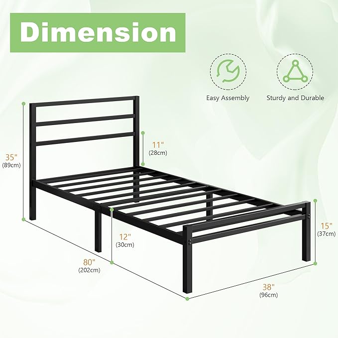 Twin XL Bed Frame with Headboard and Footboard 12 Inch Classic Metal Platform Twin XL Platform Bed Frame No Box Spring Needed Easy Assembly Noise Free Black
