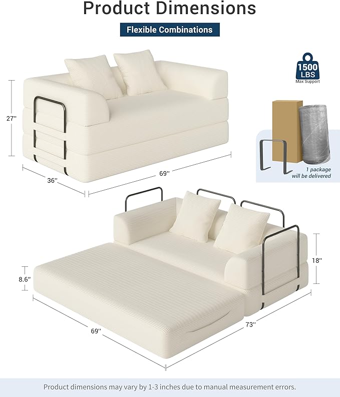 Cloud Boneless Convertible Floor Sofa Bed 70 4-in-1 Foldable Compressed Loveseat Lounge Sleeper 2 Seater Couches High-Density Sponge &amp Corduroy Fabric Futon Daybed for Living Room Bedroom(Beige