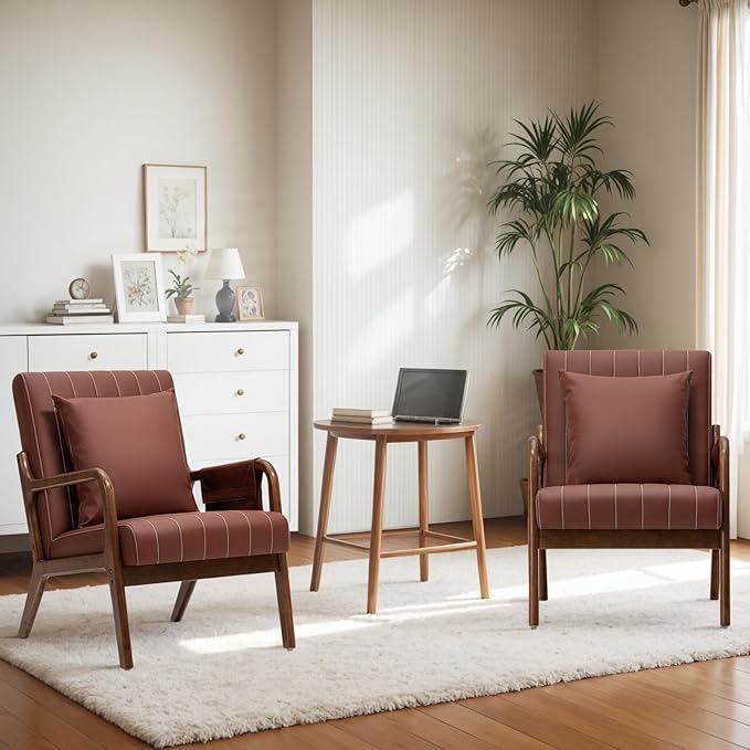 HOMMPA Mid-Century Modern Accent Chair Set of 2 Comfy Reading Armchair with Solid Wood Frame &amp Lumbar Pillow Upholstered Linen Lounge Chair with Side Pocket for Living Room BedroomBalcony (Bro