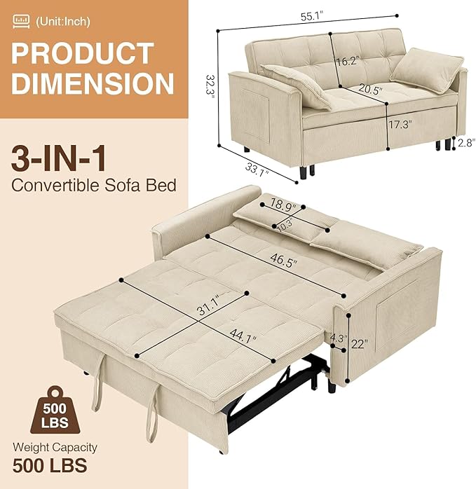 3 In 1 Corduroy Convertible Sofa BedPull Out Couch Bed with Reclining Backrest And 2 Pillows 54 Full Size Loveseat Sleeper Sofa Futon Couch Bed Couches For Small Spaces Living Room (Beige)