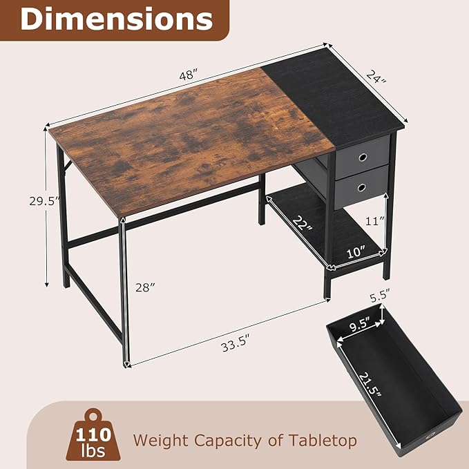 Giantex 48 Computer Desk with 2 Fabric Drawers Industrial Home Office Desk with Open Storage Shelf 2-Toned Finish &amp Metal Frame Gaming Study Writing Table for Small Space Bedroom Rustic Brow