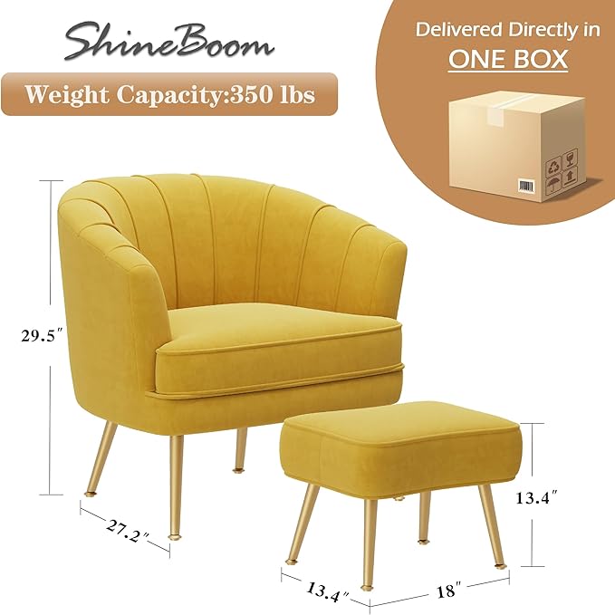 Velvet Accent Chairs with Ottoman for Living Room Bedroom Office Leisure Upholstered Single Sofa Chair Arm Chair Comfy Chair Reading Club Coffee Chair with Metal Legs Yellow