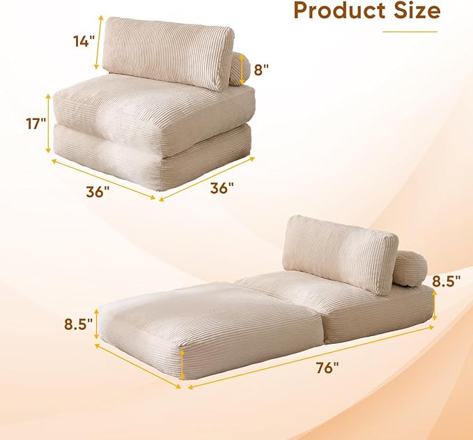 Waxberry Folding Sofa Couch Bed 36 Deep Oversized Seat Boneless Sofa Chair Corduroy Convertible Single Sleeper Chair Couch Bed for Living Room Portable Fold Out Chair Bed With Back Support (Beige)