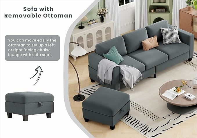 Sectional Couches for Living Room - Convertible L Shaped Couch with Storage Ottoman 3 Seater Modern Velvet Grey Sofa for Small Space Studio Basement Loft