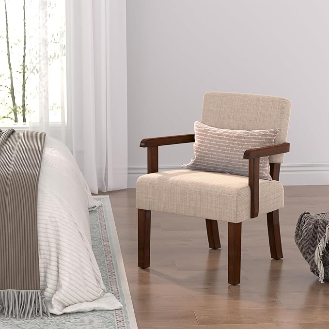 Mid Century Modern Accent ChairArmchairs with Solid Wood Frame and LegsUpholstered Reading Leisure Chair for Living RoomBedroomOfficeWaiting Room (Beige)