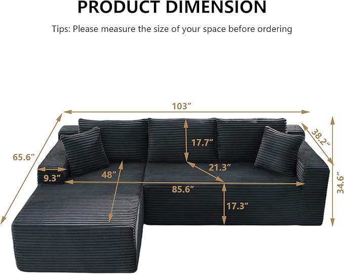 Aoowow 103.2 L-Shaped Cloud Sectional Sofa with Deep Seat Corduroy Modular 4 Seat Couches Sleeper Sofa for Living Room Bedroom Apartment No Assembly Required Dark Grey