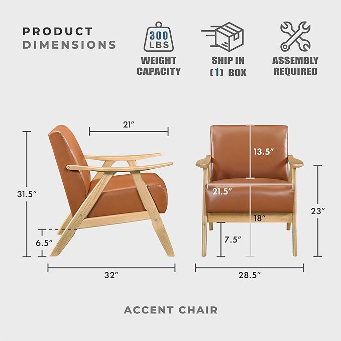 Lexicon Mid Century Modern Accent Chair with Solid Wood Frame in Natural Finish Faux Leather Living Room Lounge Arm Chair Thick and Comfy Innerspring Seat Cushion Brown