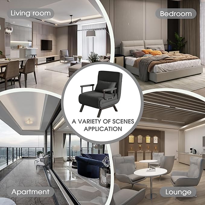 Convertible Sleeper Chair 5 in 1 Folding Sofa Bed with 5-Position Adjustable Backrest &amp Pillow Floor Single Chairs Cozy Futon Chair for Small Spaces Apartment Bedroom Office (Black)