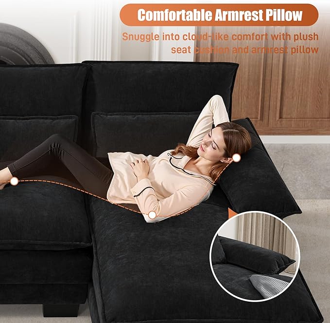 OUYESSIR U Shaped Sectional Couches for Living Room110 Cloud Sectional Sofa with Deep SeatModern Comfy Cloud Couch4 Seater Chenille Sofa with Double Chaise(Black)