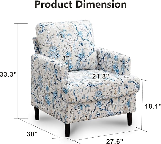 Mid-Century Accent ChairModern Linen Fabric Armchair for Living RoomComfy Upholstered Reading Accent Chairs for BedroomSingle Sofa Chair with Wood Legs (Blue Flowered Bird 2 Pack)