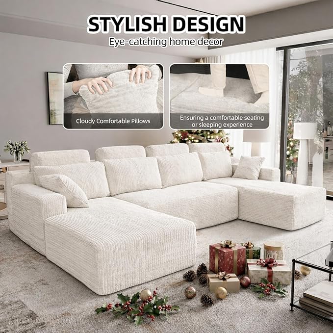 134 Boneless Couch for Living Room Oversized U Shaped Modular Cloud Sofa with Deep Seat Ergonomic Memory Foam Sleeper Chair Comfy Fluffy Corduroy Sectional Couches No Assembly White