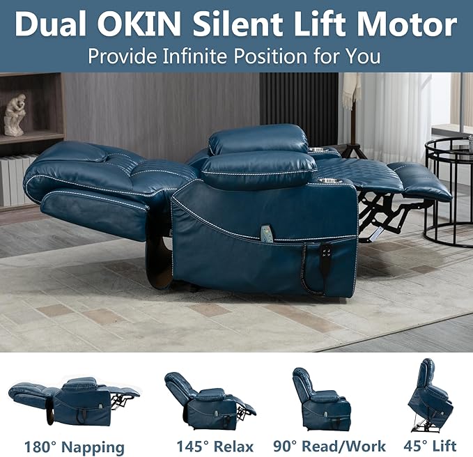 Oversized Power Lift Recliner Chair for Big and Tall Elderly 25 Extra Wide Electric Recliner Chair Living Room Sofa with Massage Heating Dual Motor Leather Home Theater Seat Blue