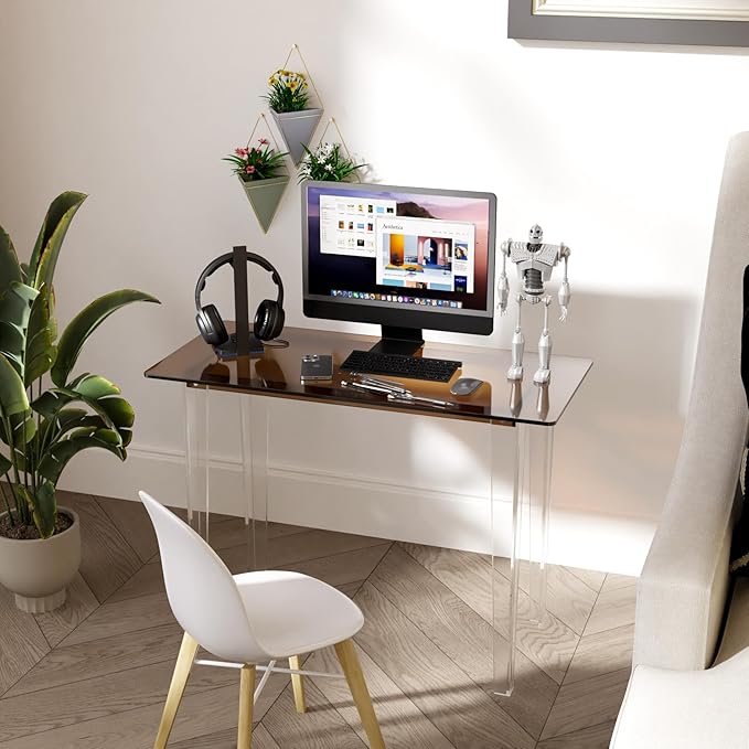 Modern Acrylic Desk for Home Office - Multi-Purpose Study Table with Extended Surface Sturdy Lightweight Design Transparent Amber Console &amp Entryway Table (42.5 Inch)