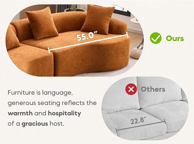 Yoglad 110‘’ Boneless Curved Sofa Modern Cloud 4-Seater Floor Couch Minimalist Compression Sofa for Living Room Apartment Studio Office No Assembly Needed(Chenille Orange)