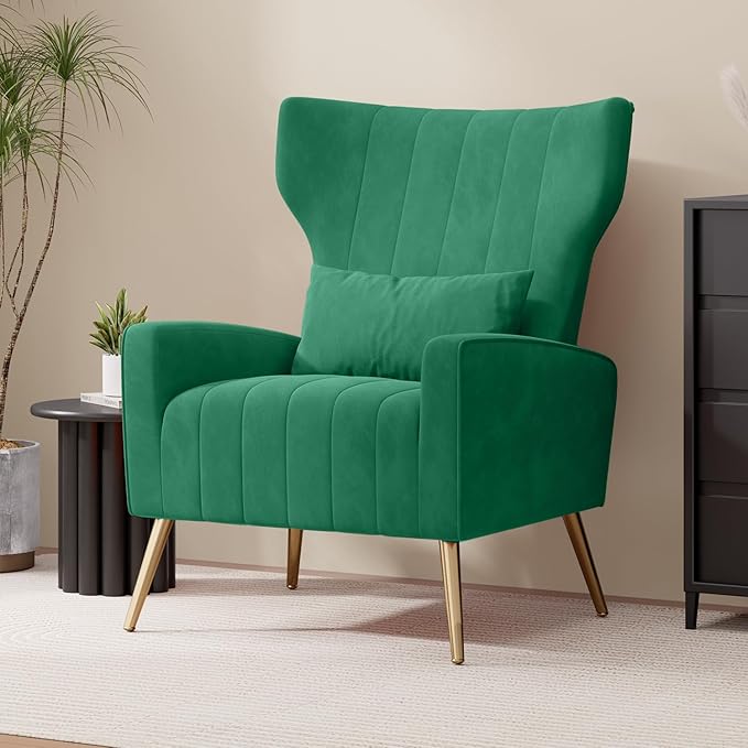 Velvet Accent Chair Wingback for Living Room High Back Arm Chair with Golden Legs Lumbar Pillow Upholstered Single Sofa Bedroom Green