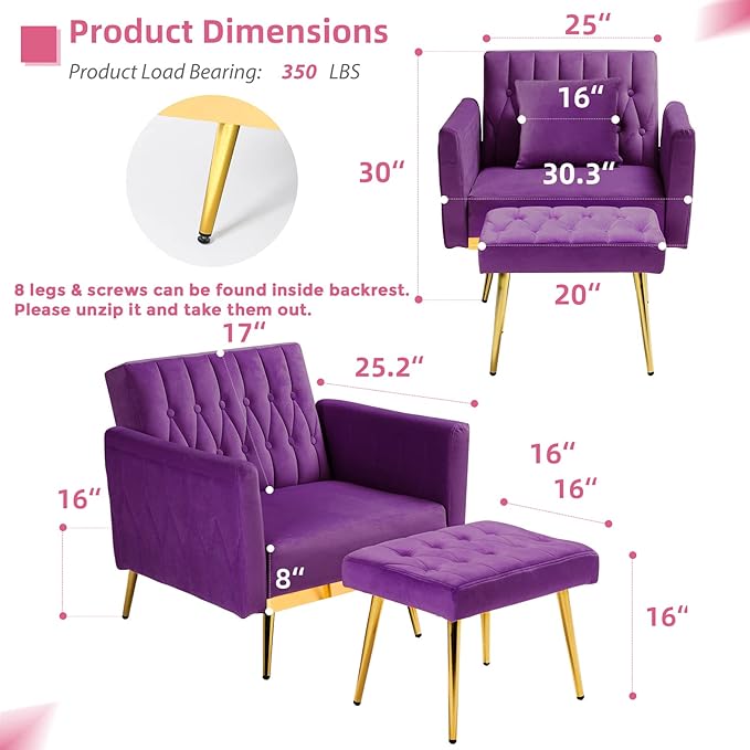 2 Pieces Velvet Sofa Set with Adjustable Armrest and Backrest 70” Convertible Futon Sofa Bed &amp Mordern Accent Chair with Ottoman for Living Room Bedroom Purpel