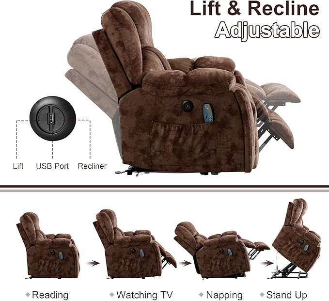 Bonzy Home Power Lift Recliner Chair with Massage and Heating Lift Chairs Recliner for Elderly Upholstered Comfy Power Lift Chair with 2 Hidden Cup Holders Side Pockets USB Port Brown