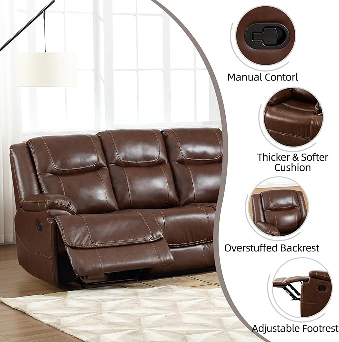 EBELLO Genuine Leather Manual Reclining Sofa 3 Seat Recliner Sofa Couch for Living Room Bedroom Furniture Meeting Room Brown