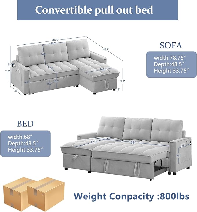 Reversible Sectional Sleeper Sofa - Pull Out Sofa Bed Couch with USB and Tape-c Charging Ports L-Shape Sleeper Sectional Couch for Living Room Office and Small Apartment (Beige)