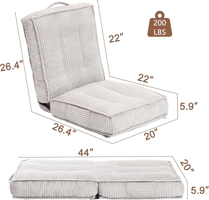 Adjustable Floor Chair with Back Support 6-Position Folding Meditation Chair Floor Sofa Chairs for Adults Comfy Accent Chairs for Reading Gaming Living Room Bedroom Light Grey