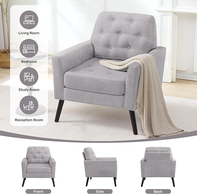 Accent Chair Set of 2 Mid Century Modern Living Room Chairs Upholstered Armchair with Tufted Back &amp Wood Legs Single Sofa Reading Side Chair for Bedroom Office Waiting Room Light Grey
