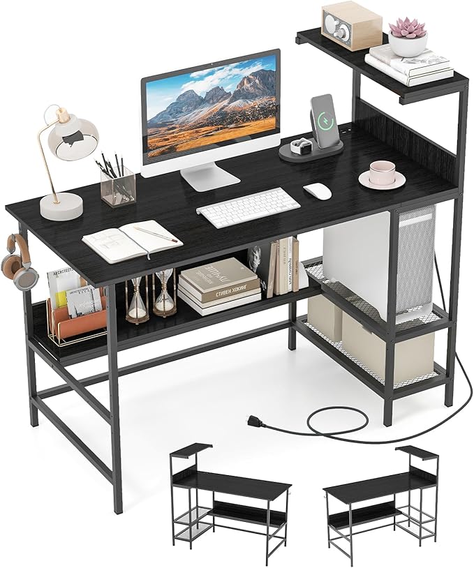 Giantex 48 Computer Desk with Charging Station Reversible Writing Desk with Storage Shelves &amp Headphone Hook Small Gaming Desk Industrial Computer Workstation for Home Office (Black)