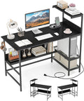 Giantex 48 Computer Desk with Charging Station Reversible Writing Desk with Storage Shelves &amp Headphone Hook Small Gaming Desk Industrial Computer Workstation for Home Office (Black)