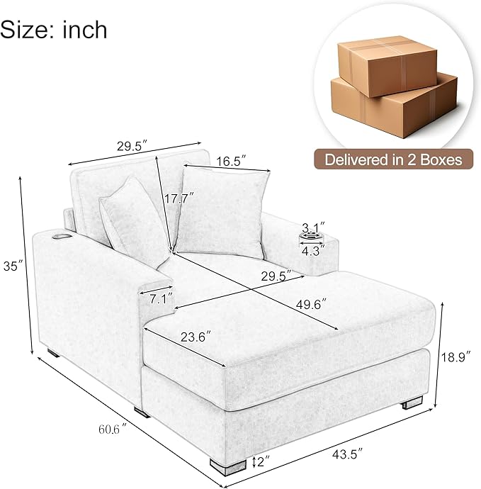 Oversized Chenille Fabric Chaise Lounge Chair Indoor 43.5 Oversized Chaise Lounger Modern Style Sofa Couch With Pillows Charge Station &amp Cup Holders For Living Room Office (Blue Gray 43.5)