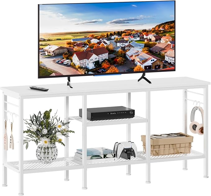 Furologee TV Stand for TVs up to 55 Inch Entertainment Center with Open Storage Shelves Media Console Table with Soundbar Shelf for Living Room Bedroom White
