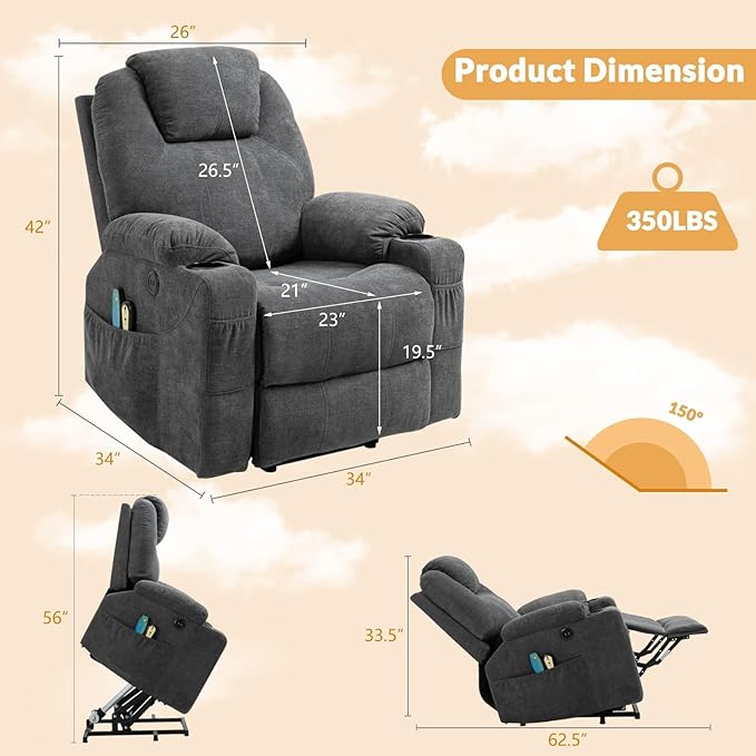 Electric Power Lift Recliner Chair with Heat and Massage for Elderly Ergonomic Lounge Chair Single Sofa Recliners for Living Room with Cup Holders USB Ports4 Pockets Soft Fabric (Gray)
