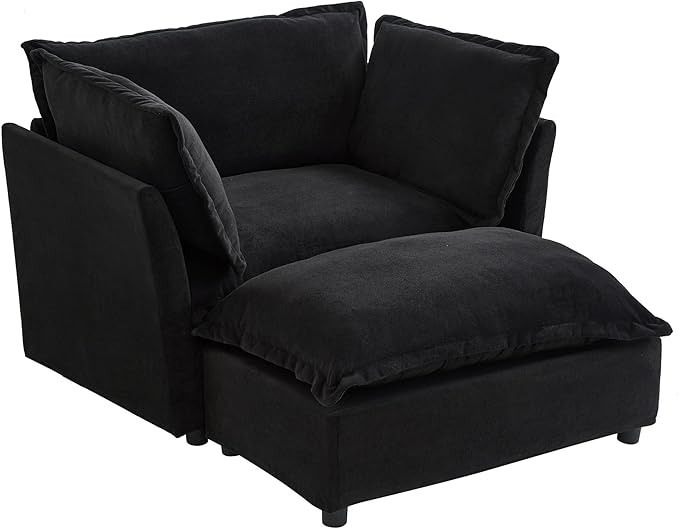 Merax 47 Armchair Upholstered Chenille Sofa Chair 2 Seat Modern Couch with Movable Ottoman Curved Armrests &amp Soft Pillows for Living Room Black