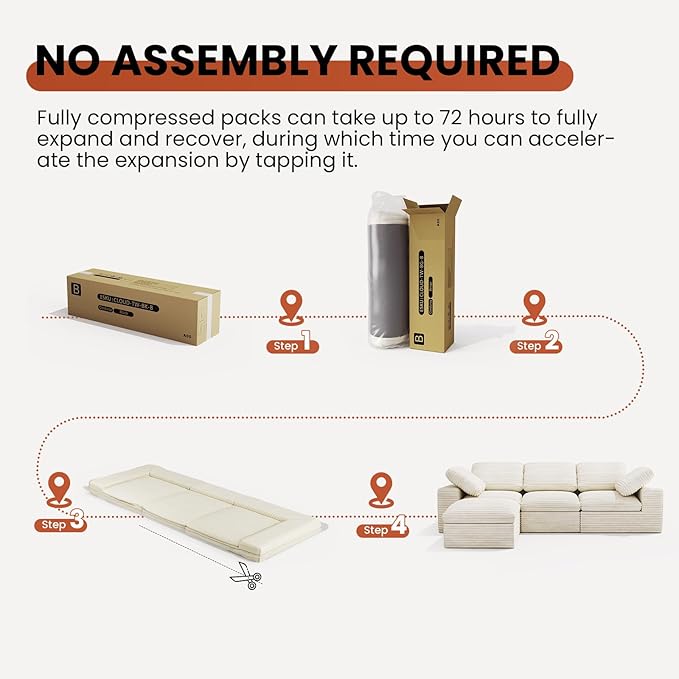 KKL 150 U Shaped Sectional Modular Boneless Sofa 6 Seater Cloud Couch with Ottoman Corduroy Sectional Couches for Living Room Bedroom Beige