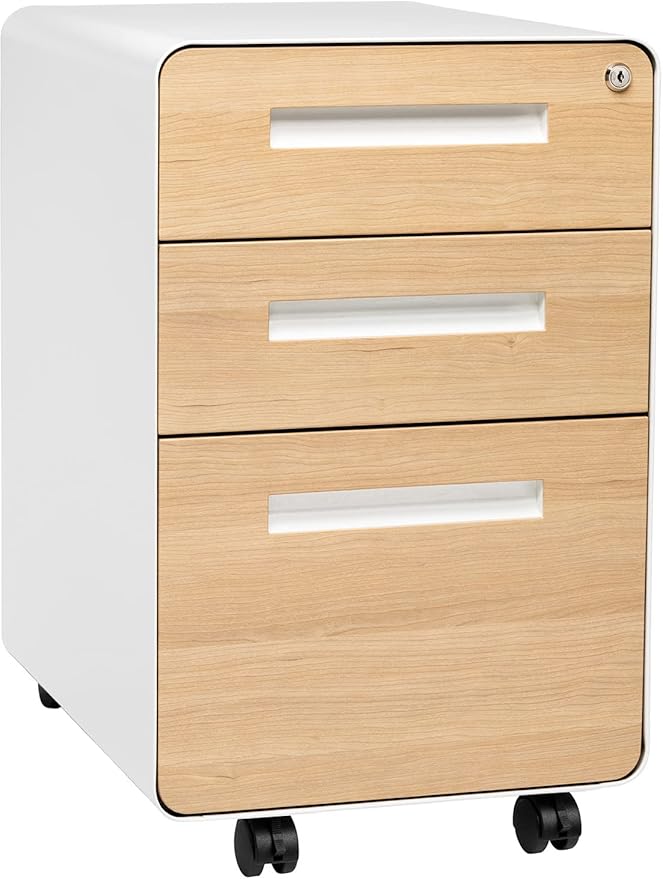 Laura Davidson Furniture Stockpile 3 Drawer File Cabinet with Lock - Under Office Desk Metal Filing Cabinet Legal/Letter File Folders Wheels and Stationary Feet Pre-Assembled White/Wood