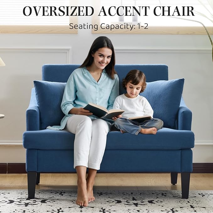 Bezseller 41 Oversized Accent Chair Comfy Living Room Chair with 2 Pillows Upholstered Mid Century Modern Armchair with Deep Seat Reading Chair for Bedroom Apartment Office Blue