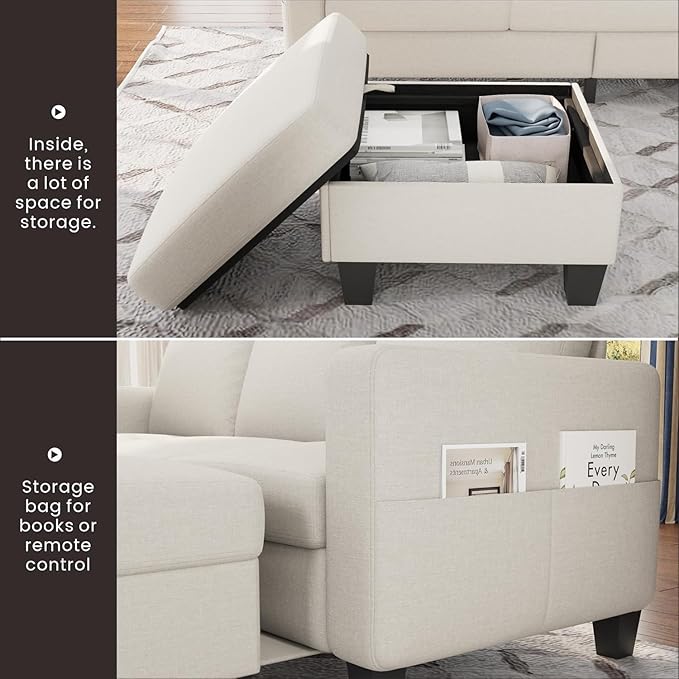 Sectional Sofa Couches for Living Room-78''Convertible Modular Three-Seater L-Shaped Pet-Friendly CouchWashable Sofa Cover-Bench StorageSuitable for Small Living RoomApartmentOffice-Beige