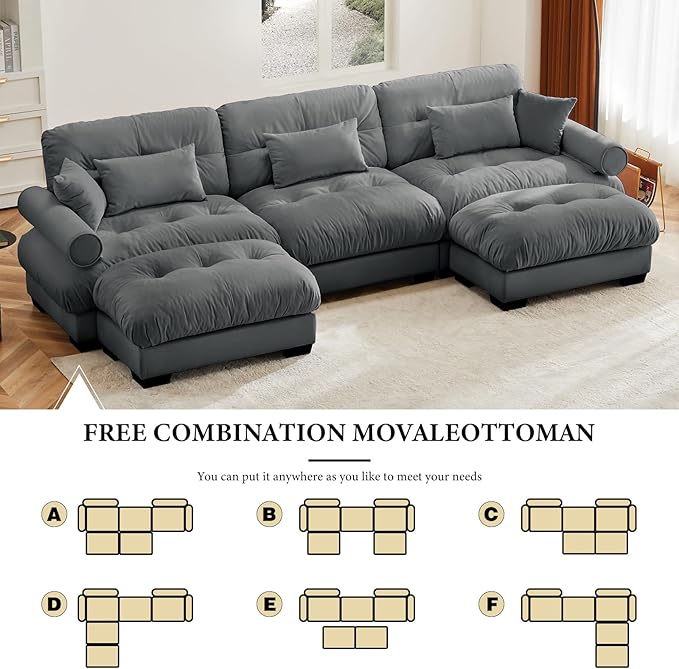 130 Large Sectional Couches for Living Room Cloud Modern Modular Deep Seat Sofa Set Comfy Couches with 2 Ottomans Velvet Fluffy 3 Seater Sofas for Bedroom Apartment U Shaped Grey