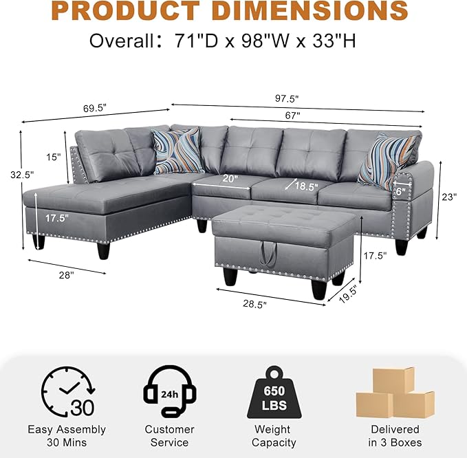 Wakefit Sectional Sofa Couch Modern 4-Seaters Living Room Furniture Sets with Chaise Lounge Ottoman &amp 2 Pillows | L Shape Couch | Cup Holder | Faux PU Leather Gray