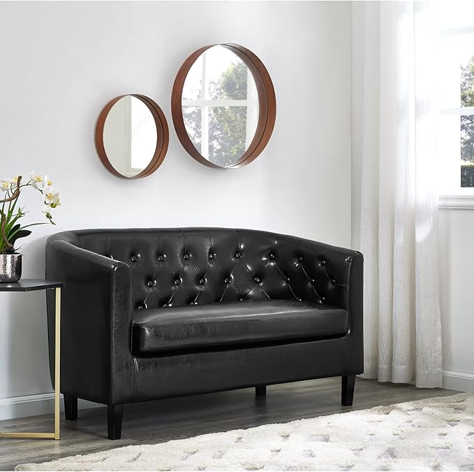 Naomi Home Emma Faux Leather Loveseat Modern Two-Seater Sofa with Wooden Legs Compact &amp Comfortable Seating for Living Room Bedroom or Office - Espresso