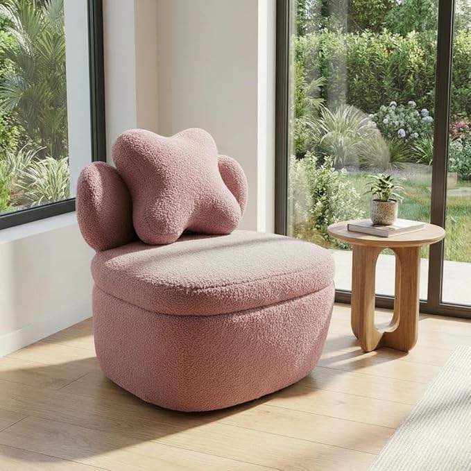 Pink Soft Toy Bear Lounge Chair - Mid Century Modern Soft Boucle Armchair - Wide Upholstered Seat - Swivel Barrel Design - Color: Pink