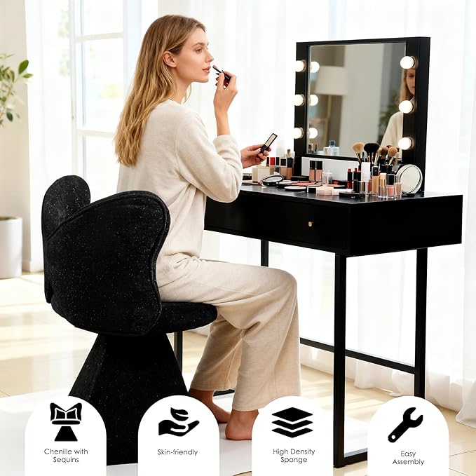 Makeup Vanity Chair with Butterfly Back and Bow Pillow 360° Swivel Accent Chair Vanity Stool Chairs with Chenille Fabric &amp Sturdy Base for Dressing Table/Bedroom/Living Room/Home Office (Black)